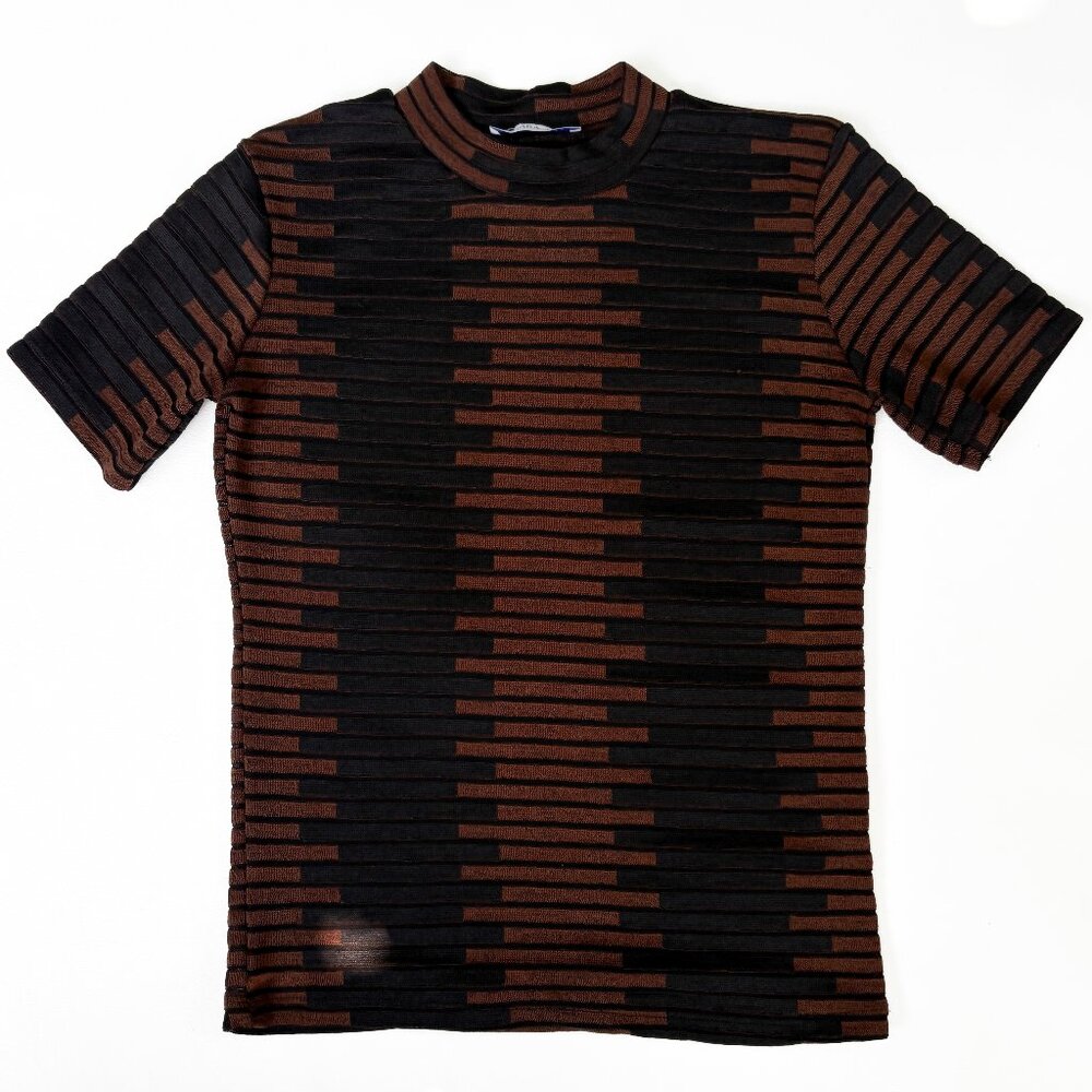 ZARA Brown Black Fitted Stretch Pattern Shirt Top